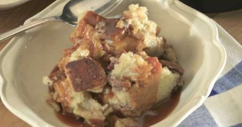 Happiness is white chocolate bread pudding in your slow cooker
