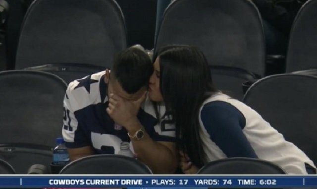 Extremely Depressed Cowboys Fan Being Comforted By His Girlfriend On 'Monday Night Football' Becomes An Instant Meme - BroBible