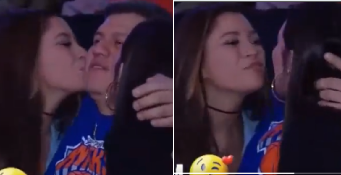 Things Get Awkward When Knicks Fan Gets Two Girls To Kiss Him And Each Other During Kiss Cam - BroBible