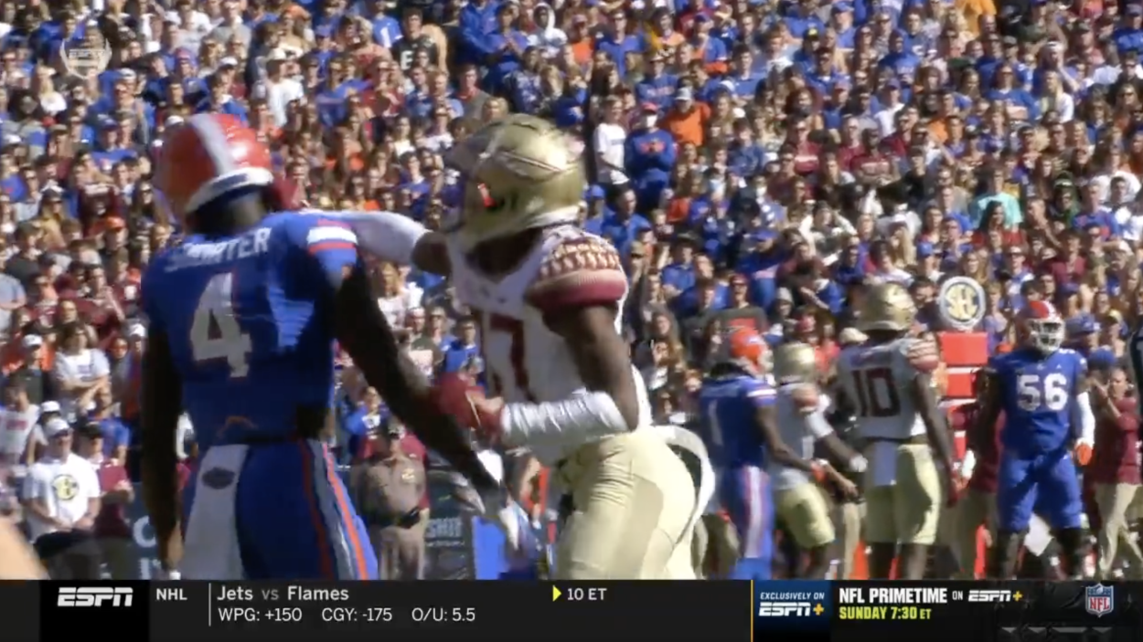 Florida State DB Sucker Punches Florida WR In The Head, Stays In Game