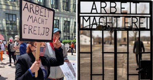 A Woman At An Anti-Lockdown Protest Held A Sign From A Nazi Concentration Camp