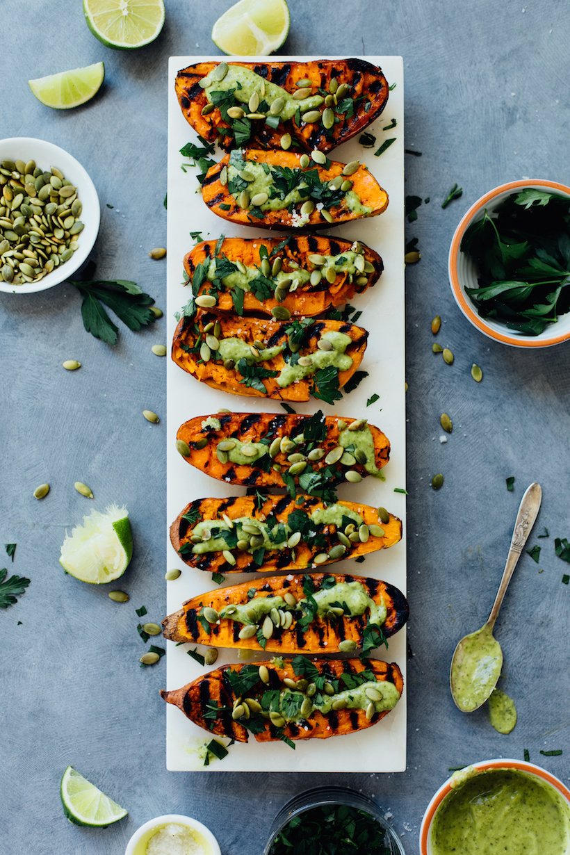 Smashed Grilled Sweet Potatoes with Chimichurri