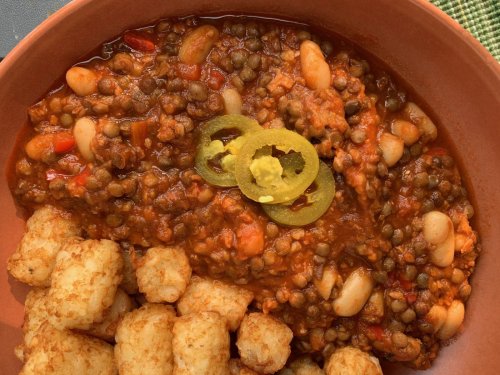 Soy chorizo and lentils come together for a hearty vegetable chili | Cabin Fever Cookbook