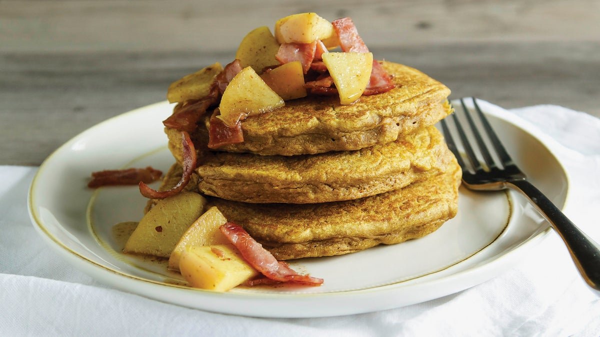 Harvest Pumpkin Pancakes with Bacon Apple Topping