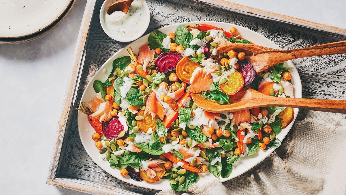 Roasted Fall Vegetables with Smoked Trout & Creamy Cilantro Dressing