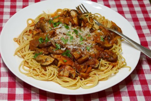Mushroom Bolognese features rich flavors