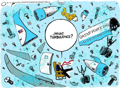 Editorial cartoons for May 18, 2025: Trump’s Qatar jet, Democrats adrift