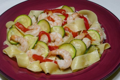 Paparedelle with shrimp, zucchini and sweet peppers features pleasing combination of flavors