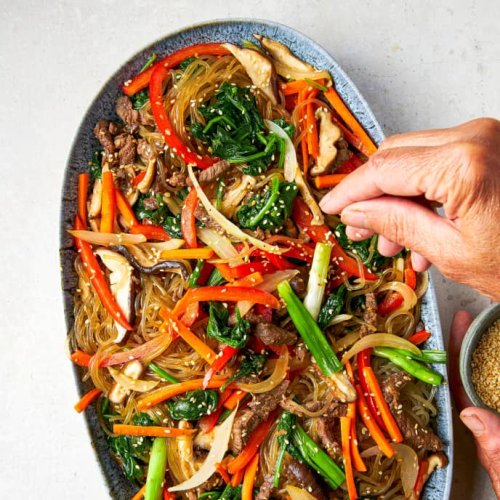 Japchae (Korean Sweet Potato Starch Noodles with Vegetables and Beef)