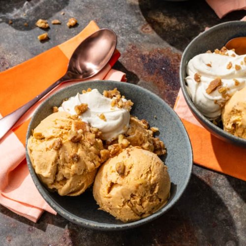 Sweet Potato Pie Ice Cream with Candied Walnuts and Maple Whipped Cream