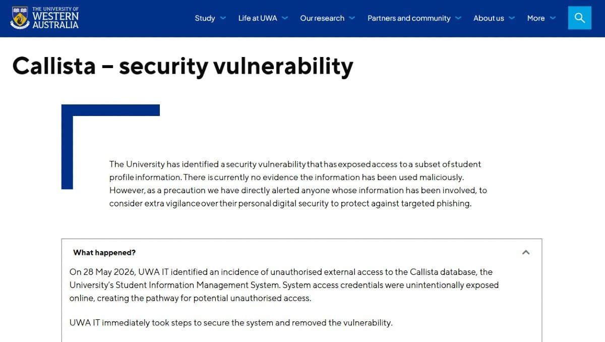Student data compromised in second University of Western Australia data breach in 6 months