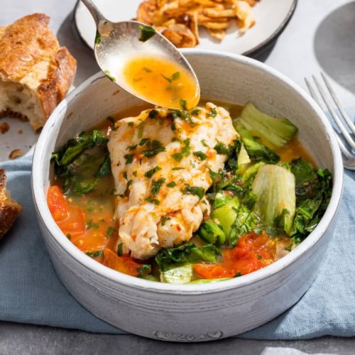 Instant Pot Haddock with Tomatoes, Escarole, and Crispy Garlic