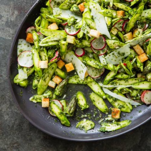 Asparagus Salad with Radishes, Pecorino Romano, and Croutons | America's Test Kitchen