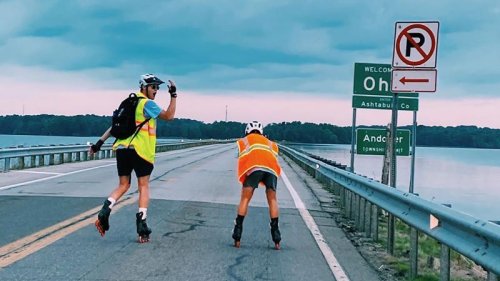 Two college hockey players rode roller blades nearly 900 miles from Boston to Michigan to raise money for cancer research