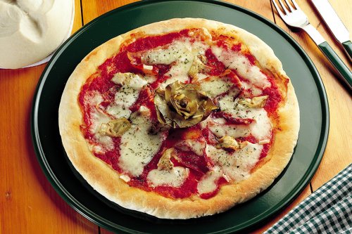 Pizza With Cheese, Speck, and Baby Artichokes
