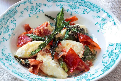 Ricotta Gnocchi With Vegetables and Prosciutto
