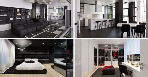 This black and white apartment was designed for a couple that loves to party