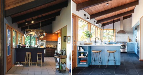 Before And After - A Dark And Dated Kitchen Has Been Transformed With Matte Blue Cabinets And Light Grey Wall Tiles
