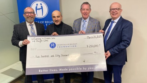 $250K cheque presented to Hospitals of Regina Foundation by Evening in Greece committee