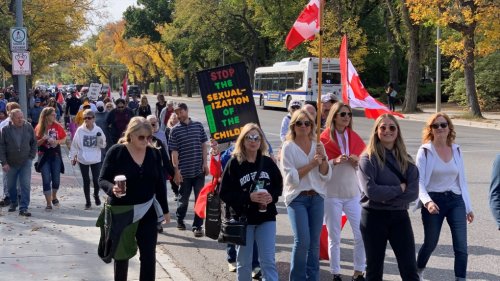 Hundreds march in Regina as part of nationwide protests on gender identity in schools