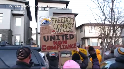 Anti-mandate group gathers outside MP Chahal's Calgary home