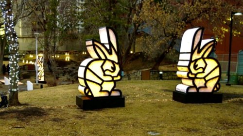 Giant rabbits take over downtown Edmonton park in effort to 'Spark' vibrancy