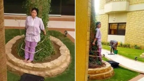 Filipina domestic helper tied to a tree as punishment by Saudi boss