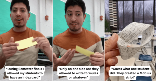 Impressed teacher explains how student used a Möbius strip to maximize their final exam cheat sheet
