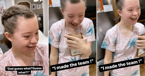 Teen with Down syndrome moved to tears as she proudly tells dad she made her school's drill team