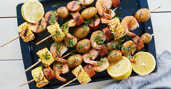 Shrimp Boil Skewers with Corn, Sausage and Potatoes
