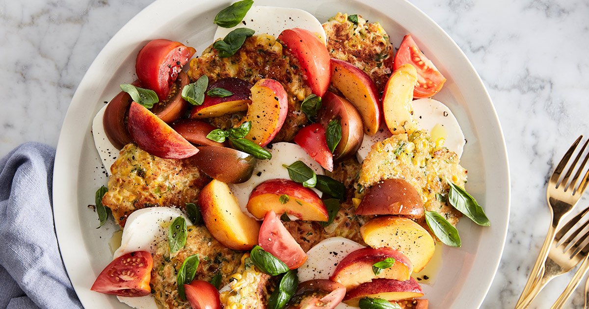 Corn Fritter Caprese with Peaches and Tomatoes