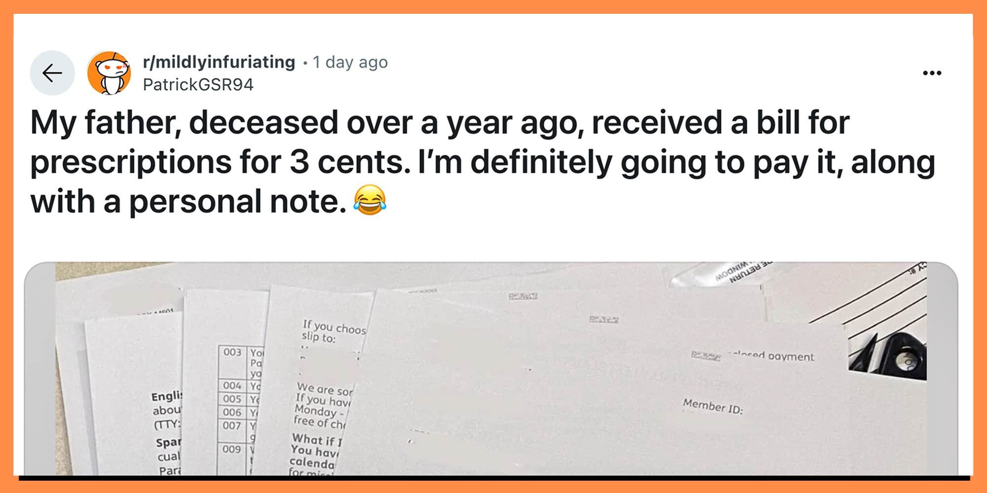 Man receives a 3-cent bill for his dead dad from insurance company—so he got petty (and creative)