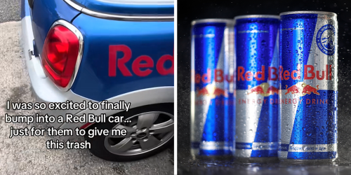 Woman Approaches Red Bull Car To Receive Free Can. The Worker Hands Her This