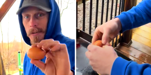 Man says shake your eggs before cracking them open on the Blackstone. Then he shows what happens when you take his advice