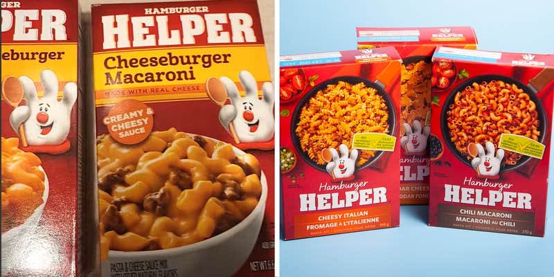 Man buys both Deluxe and Regular Hamburger Helper Cheeseburger Macaroni. Then he flips the boxes over and takes a closer look