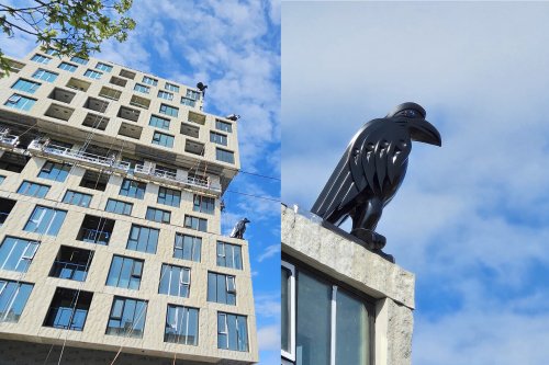 Three Indigenous raven sculptures installed atop new West Point Grey rental housing tower