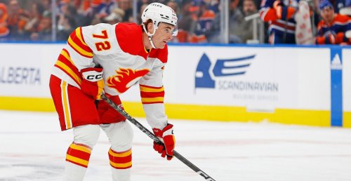 Flames' intriguing blue-line prospect back practicing for first time since scary skate cut