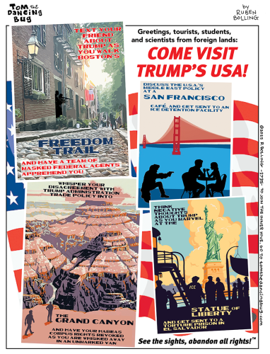 Cartoon: Tom the Dancing Bug celebrates the Trump administration's USA tourism marketing campaign