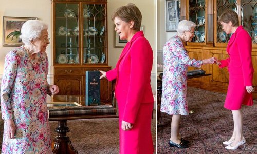 A wee dram to break the ice? Nicola Sturgeon hands Queen a £150 bottle of Johnnie Walker Blue Label Whisky during awkward meeting on SAME DAY she lay out plans break up UK with Scots independence referendum