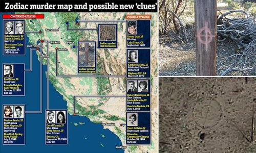 Private sleuths who claim to have unmasked Zodiac Killer say he may have left painted symbol and strange codes on wooden post in mountain town - as eerie rock formation is found in Sierra Nevada