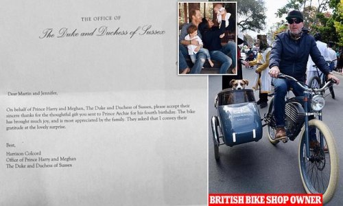 Harry and Meghan's son Archie is given free bike with training wheels for his 4th birthday: Duke and Duchess send 'thank you' letter to British owner of Montecito store (who even named his dog after the Duchess)