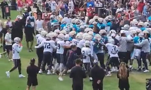Patriots and Panthers Fight Club: Round 2! Bad blood sees teams square off AGAIN, marking FOUR FIGHTS in two days of inter-squad practices... and this time it spills into the crowd!