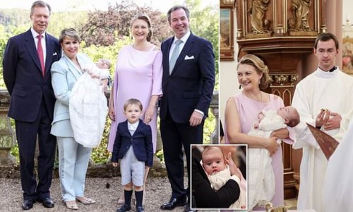 A royal christening! Three-month-old Prince Francois of Luxembourg puts on an angelic display as he is baptised - while Princess Alexandra steps up as godmother
