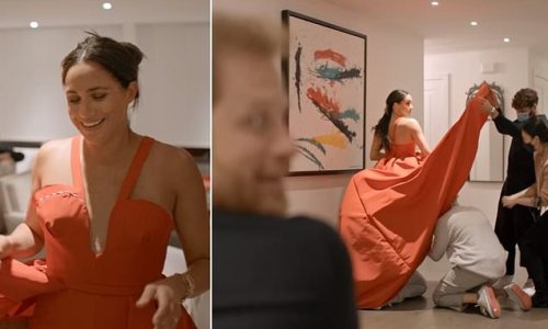 'Please tell me you're getting that!': Prince Harry cracks cheeky joke as Meghan Markle gets ready for glitzy New York gala in bombshell Netflix documentary