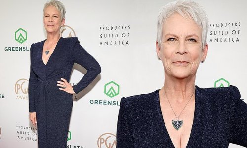 Jamie Lee Curtis shows off fab figure in plunging sparkly blue gown at ...