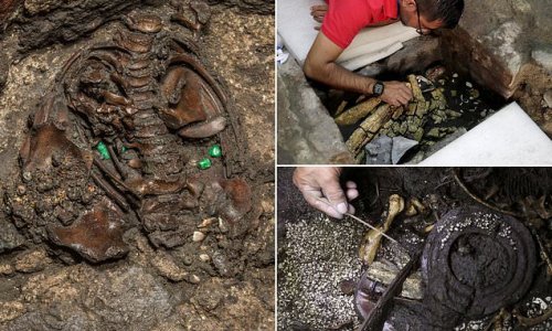 Treasure trove of Aztec war sacrifices including a child who was slaughtered to please the gods discovered in Mexico City could lead to emperor’s long-lost royal tomb