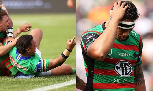 Josh Papalii KNOCKS OUT his opposite number in first tackle of the game as Raiders enforcer celebrates milestone with a try and Raiders rout the Rabbitohs