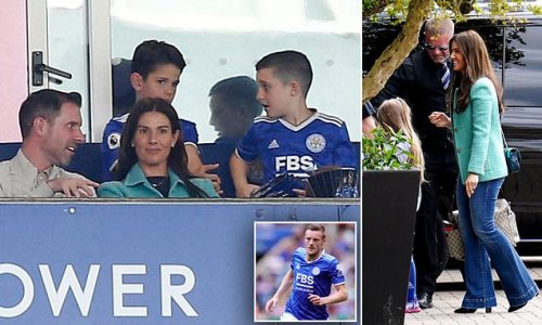 Something to smile about? Rebekah Vardy beams as she arrives to watch husband Jamie in action on final day of Premier League season - after Coleen said she's 'confident' she'll win Wagatha Christie libel battle