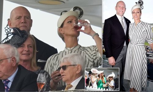 Chin-chin! Zara Tindall enjoys a glass of wine at Epsom Festival alongside thousands of glamorous racegoers and famous faces at Derby Day (and husband Mike has even got a matching tie on!)