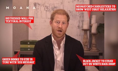 Prince Harry shares a glimpse into his chic study at his $14M mansion - including rustic candle holders, green coffee table books and statement wall which shows his 'relaxed West Coast style'